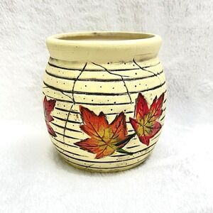 Heritage Pottery Vase Cream With Bright Orange Leaves And‎ Black Etching